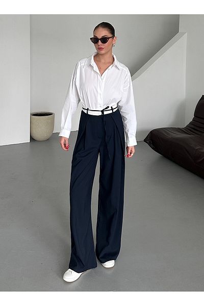 My Blog Navy Blue Rope Belt Detailed Design Trousers - 3576