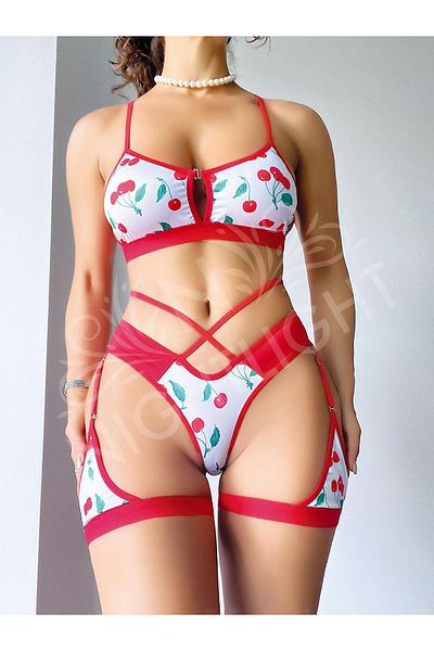 DUYUMSAL Cherry Patterned Bra and Panty Set with Leg Bands 1037