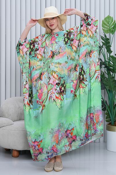 EL jadida Women's Patterned Oversize Long Viscose Dress Green
