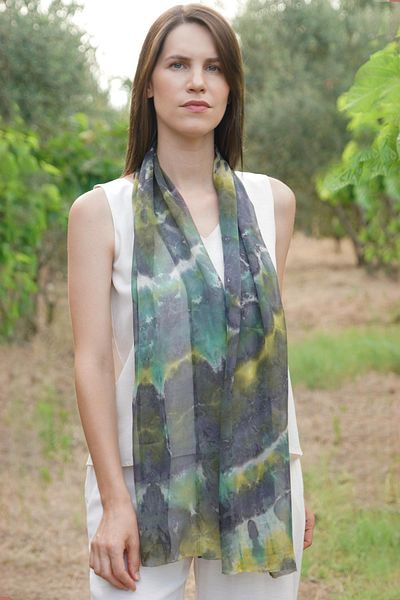 Defne&Apollon İpekçilik 100% Silk Tie Dyeing Scarf 40X165 cm - Green Wave