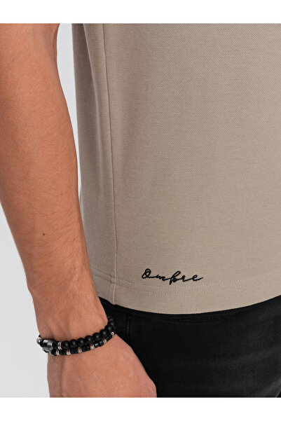 OMBRE Pánské bavlněné polo tričko s kontrastním lemem - tmavě béžové V5 OM-POSS-0113 M