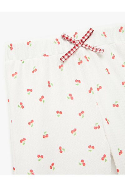 Koton Bow Tie Wrinkle Textured Wide Leg Trousers with Elastic Waist and Cherry Print