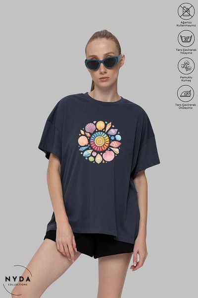 Nyda Collections Women's Crew Neck Sea Theme Printed Cotton Oversize Short Sleeve T-Shirt