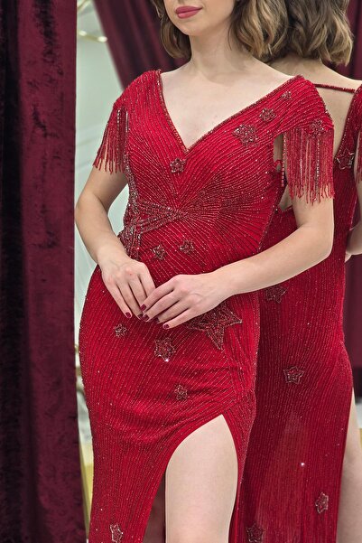 Yonca Moda Evi Kırmızı Yıldızlı İthal Abiye 1092