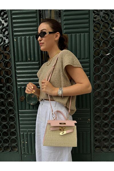 Tina İstanbul Straw Bag with Cover and Belt Accessories Pink