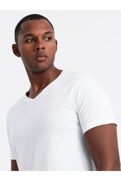 OMBRE BASIC Herren-T-Shirt-Set aus Baumwolle mit V-Ausschnitt - Weiß/Kastanienbraun/Marineblau V13 OM-TSBS-0233 M