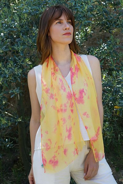 Defne&Apollon İpekçilik 100% Silk Tie Dyeing Scarf 35X140 cm - Red - Yellow