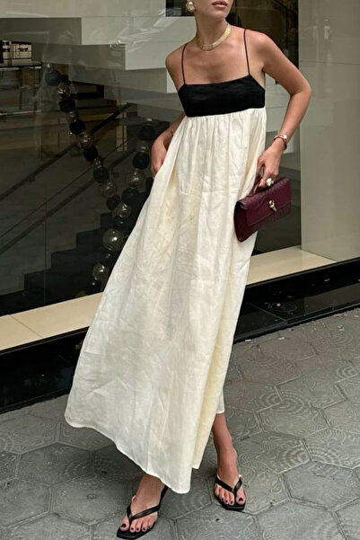 LOOSH Kadın Natural İnce Askılı İki Renkli Uzun Elbise