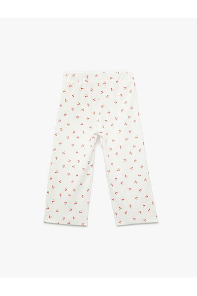 Koton Bow Tie Wrinkle Textured Wide Leg Trousers with Elastic Waist and Cherry Print