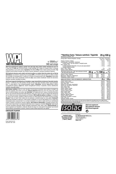 Pro Nutrition Whey Protein, WPI Protein Isolate, Chocolate, 3500g