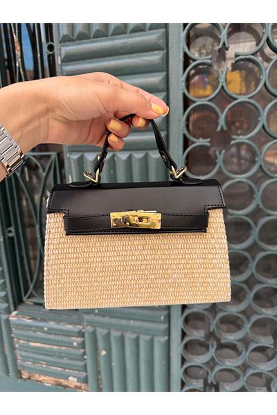Tina İstanbul Geantă din paie cu capac și accesorii pentru curea neagră