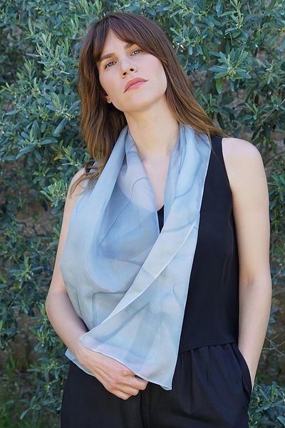 Defne&Apollon İpekçilik 100% Pure Silk Hand Painted Scarf - Special Design 35X140Cm - Blue Wave