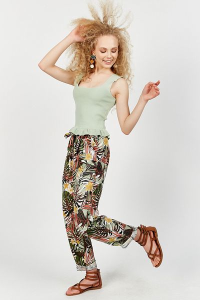 Hopoi Women's Leaf Patterned Waist Belted Trousers