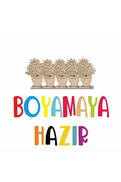 Boyanabilir 5 adet saksılı çiçek lazer kesim ahşap, 6’lı şerit boya ve fırça (Tüm set)