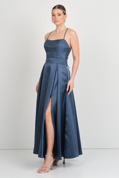 DORİDORCA فستان سهرة نسائي من Doridorca بحزام من القماش التفتا 7078 K. نيلي