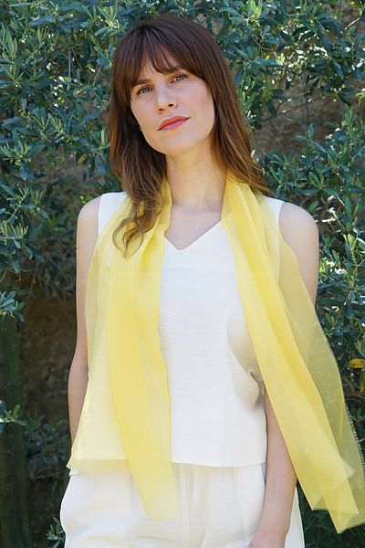 Defne&Apollon İpekçilik 100% Silk Hand Painting Scarf - Tasseled - Yellow