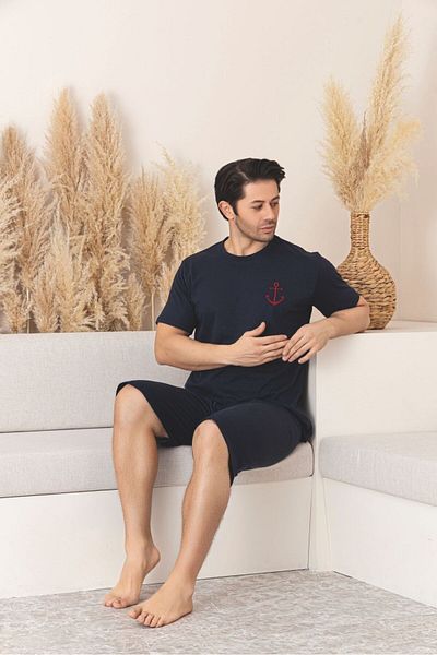 Huq Moda Ανδρικό σορτς με σχισμένο μπαστούνι Navy Blue κοντομάνικο χτενισμένο βαμβακερό σετ πιτζάμες