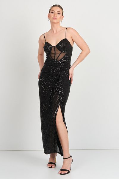 DORİDORCA Doridorca Women's Corsage Sheer Detail Full Sequin - Sequin Evening Dress 6057 Black