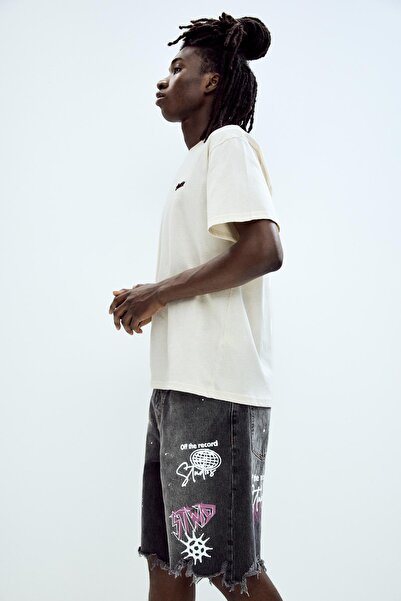 Pull & Bear Baskılı yırtık detaylı denim bermuda