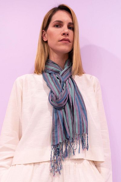 Defne&Apollon İpekçilik Hand Woven Peace Silk Scarf&Kaşkol - Striped - Turquoise