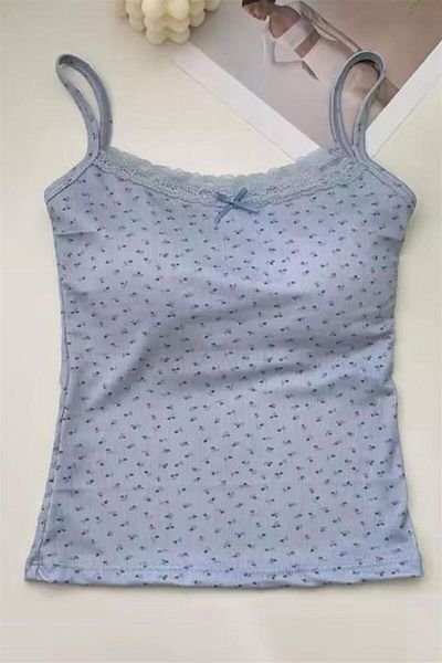 Karakedi Blue Tiny Bow and Floral Patterned Y2K Supported Strap Crop