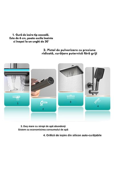 OEM LED shower set with digital display, thermostat, turbine, 4 functions, adjustable shower, rain, faucet, graphite