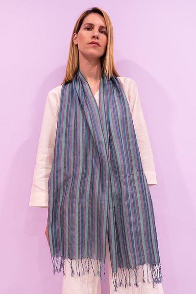 Defne&Apollon İpekçilik Hand Woven Peace Silk Scarf&Kaşkol - Striped - Turquoise