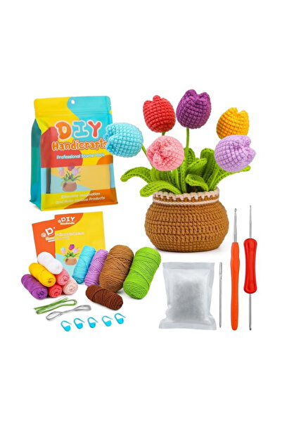 OBRO Set DIY de crosetat pentru incepatori/avansati, Tutoriale Video, ghiveci cu flori handmade, lalele