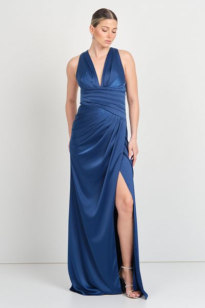 DORİDORCA Doridorca Women's Deep V Neck Draped Waist Maxi Size Evening Dress 7084 K. Indigo