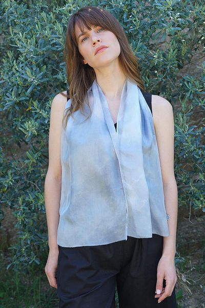 Defne&Apollon İpekçilik 100% Pure Silk Hand Painted Scarf - Special Design 35X140Cm - Light Blue