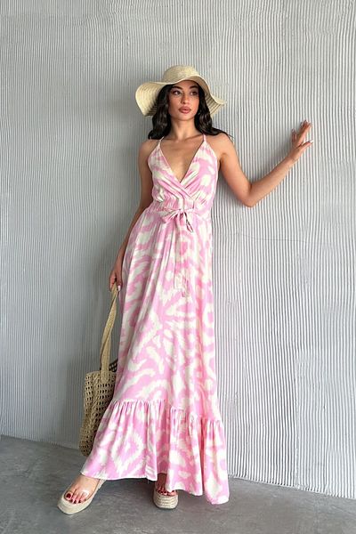 Mila Pink Patterned Strappy Double Breasted Long Dress