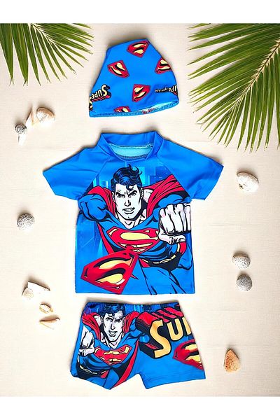 MİLAYS LİFE HOME COLLECTİON Mi̇lays 3 Pieces Bonneted Tee-Shorts Sea and Pool Swimsuit