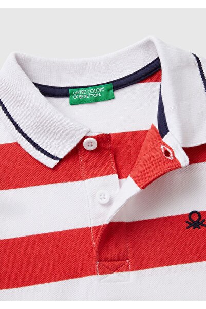 United Colors of Benetton Erkek Çocuk Kırmızı Mix Çizgili Logo İşlemeli Polo T-Shirt