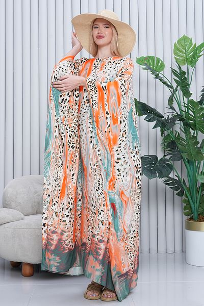 EL jadida Women's Patterned Oversize Long Viscose Dress Orange