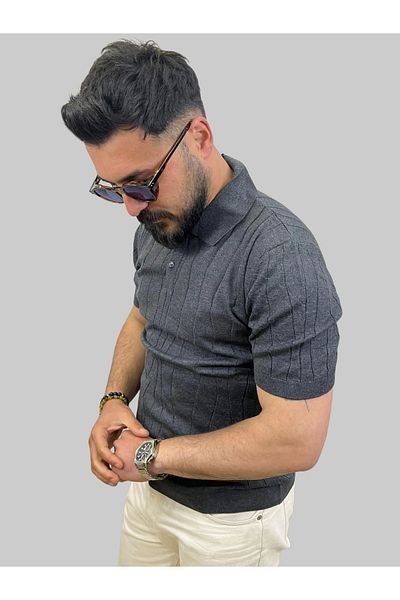 daniel milano Men's Wave Striped Slim Fit Polo Neck Gray Knitwear T-Shirt