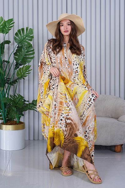 EL jadida Women's Patterned Oversize Long Viscose Dress Yellow