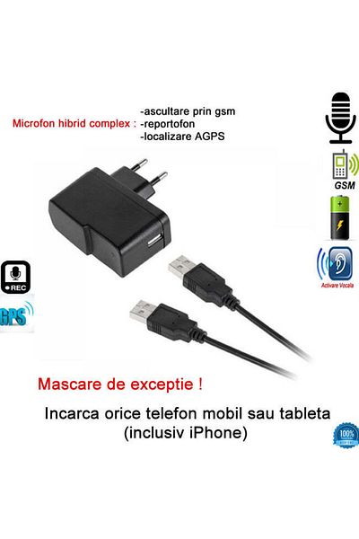 Minitechnics Hybrid microphone hidden in the charger for spy phone with 3 functions: GSM microphone with voice activation
