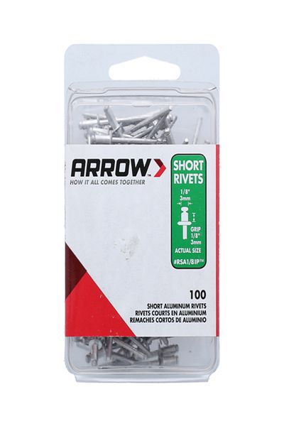 ARROW 100-Piece Domed Head Grip Range Short Aluminum Rivet Set Silver 1/8inch