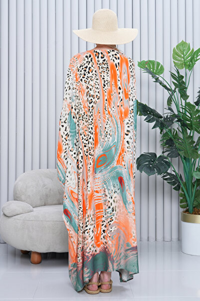 EL jadida Women's Patterned Oversize Long Viscose Dress Orange