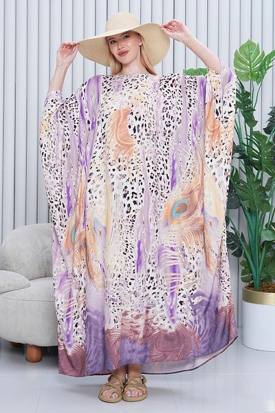 EL jadida Women's Patterned Oversize Long Viscose Dress Purple