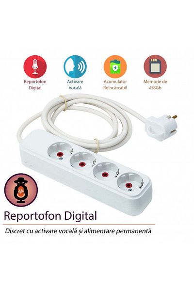 Minitechnics Reportofon cu alimentare permanenta in prelungitor tripla - 70 de ore de inregistrari cu activare vo