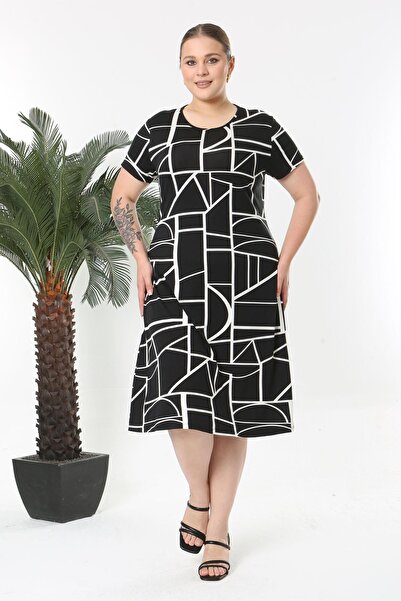 Madwilo Rochie midi cu model de linii geometrice alb-negru pentru femei