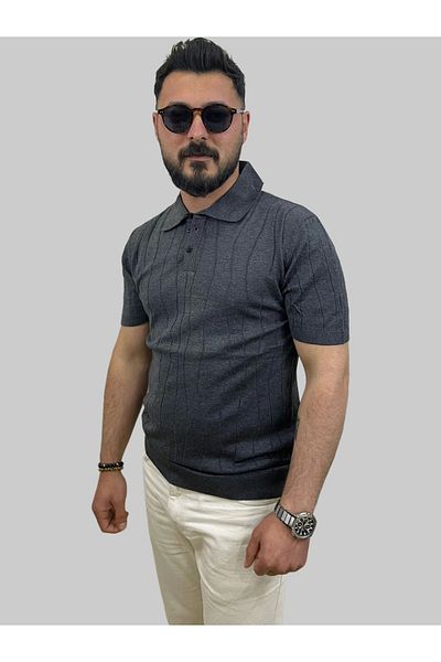 daniel milano Men's Wave Striped Slim Fit Polo Neck Gray Knitwear T-Shirt