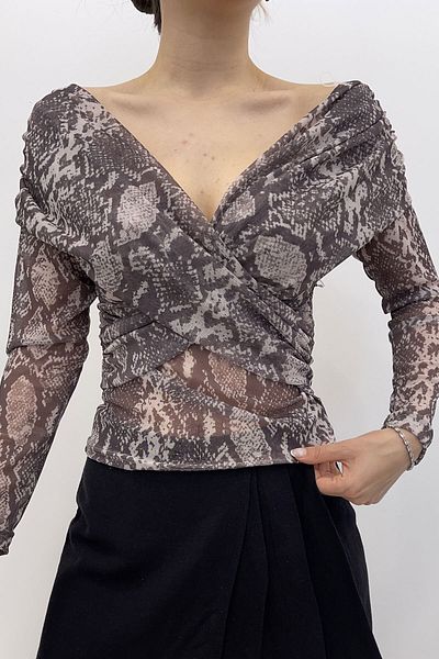 Nazline Women's Double Breasted Collar Leopard Print Tulle Blouse