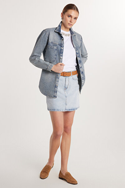 Tudors Kadın Slim Fit Dar Kesim Cepli Mini Denim Etek