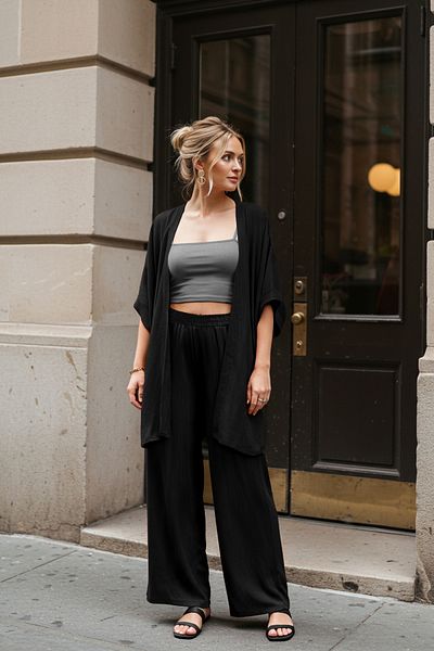 Trendyol Collection Black Kimono and Wide Leg/Wide Leg Pants Woven Two-Piece Bottom-Top Suit Twoss25Au00079