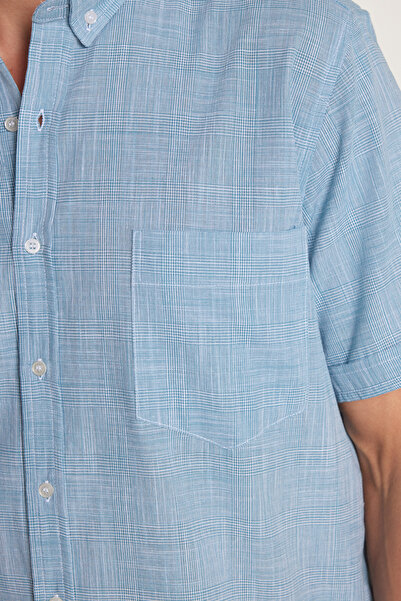 Tudors Men's Regular Fit Classic Cut 100% Cotton Linen Texture Checked Button Collar Green Shirt