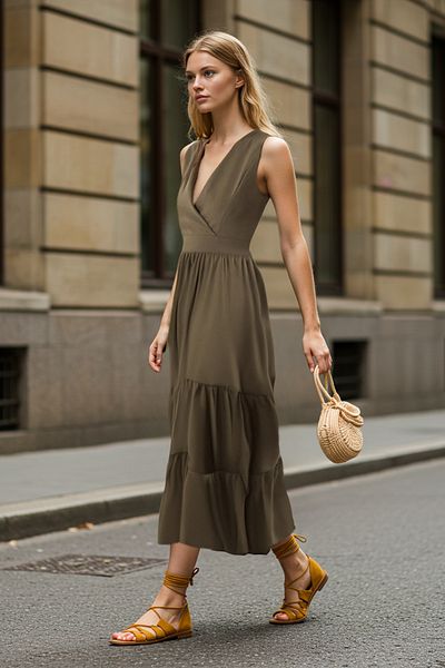 Trendyol Collection Khaki Straight Hem Waist Opening Midi Woven Dress Twoss25El00201