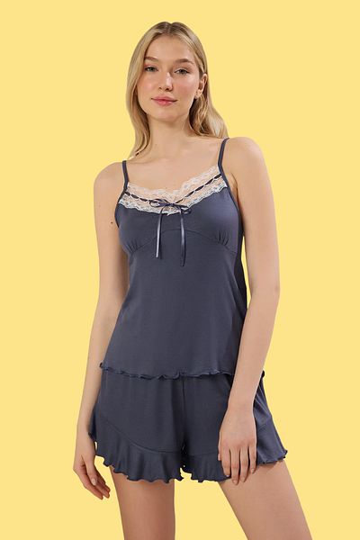 Trendyol Collection Anthrazitfarbenes Viskose-Single-Jersey-Pyjama-Set mit Shorts – THMSS25PT00117