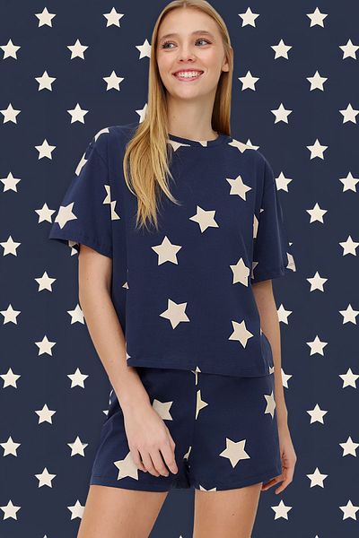 Trendyol Collection Csillagmintás 100% pamut sötétkék pizsama szett - THMSS22PT0501